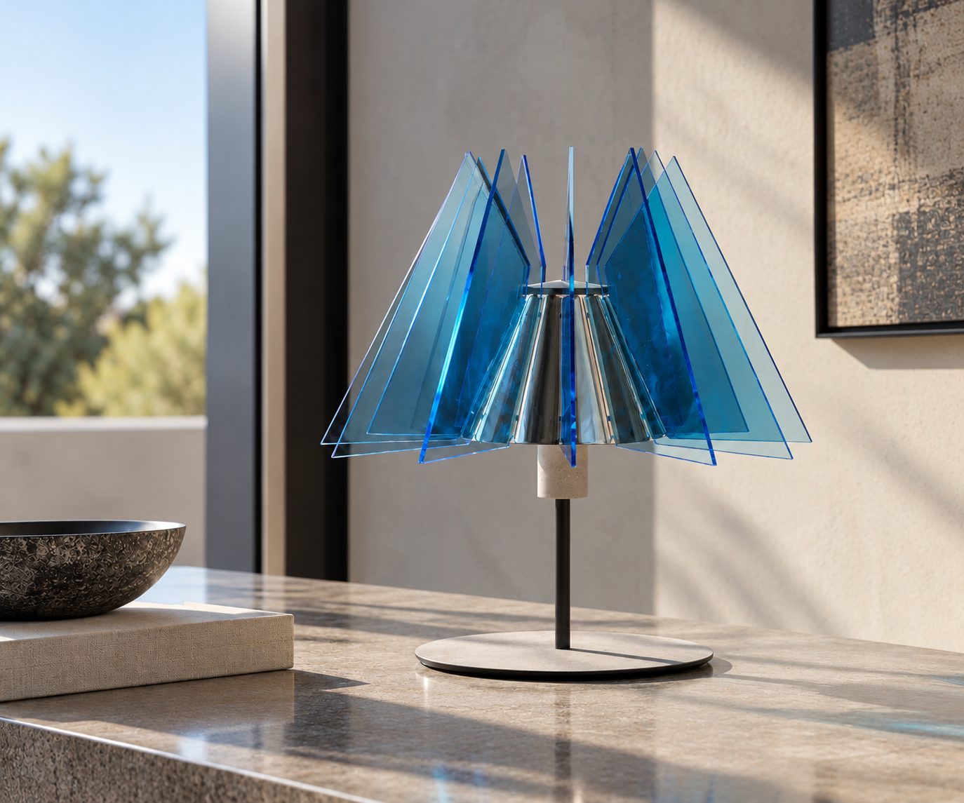 Lampada geometrica blu in interni moderni