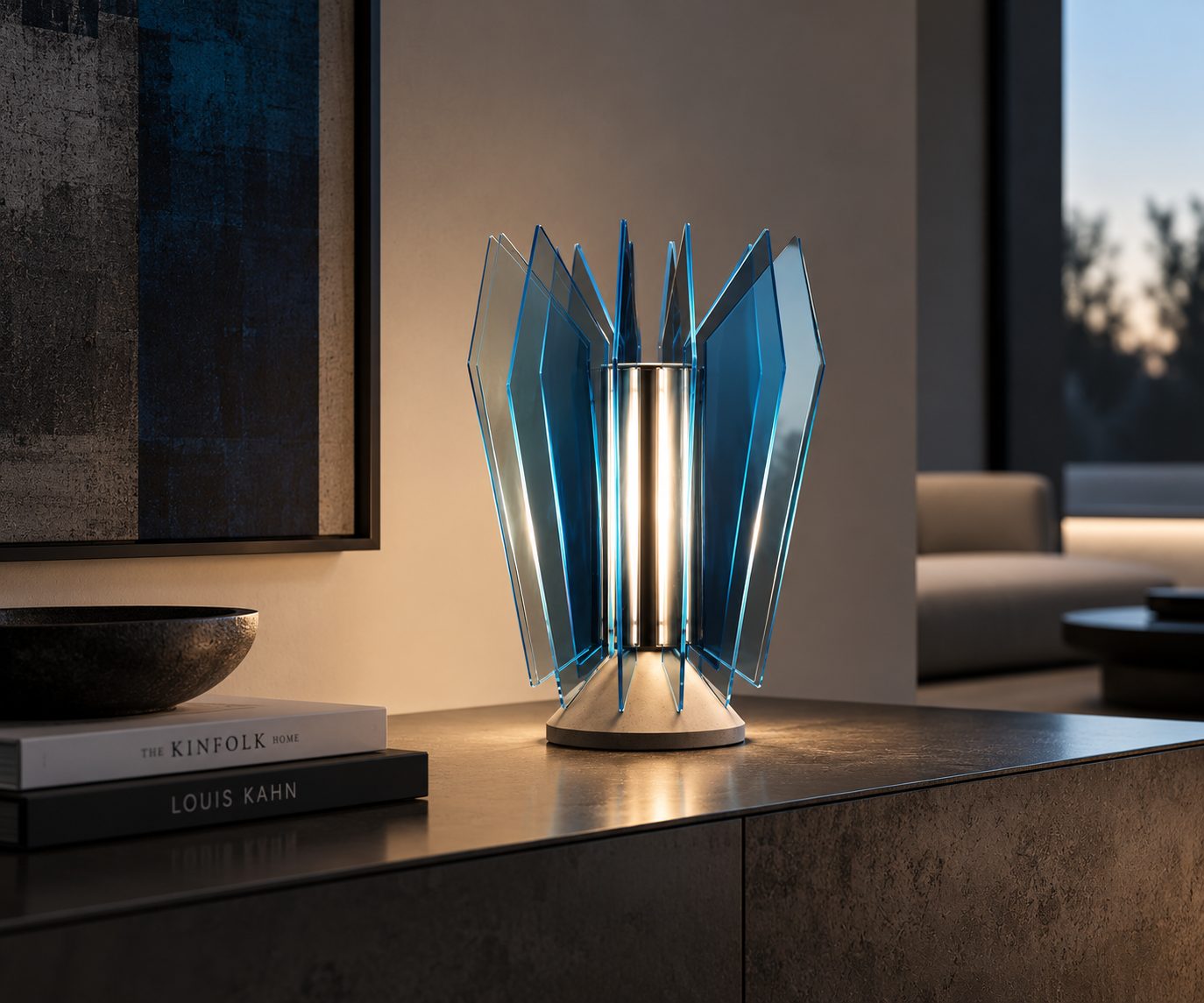 Lampada scultorea blu in salotto moderno