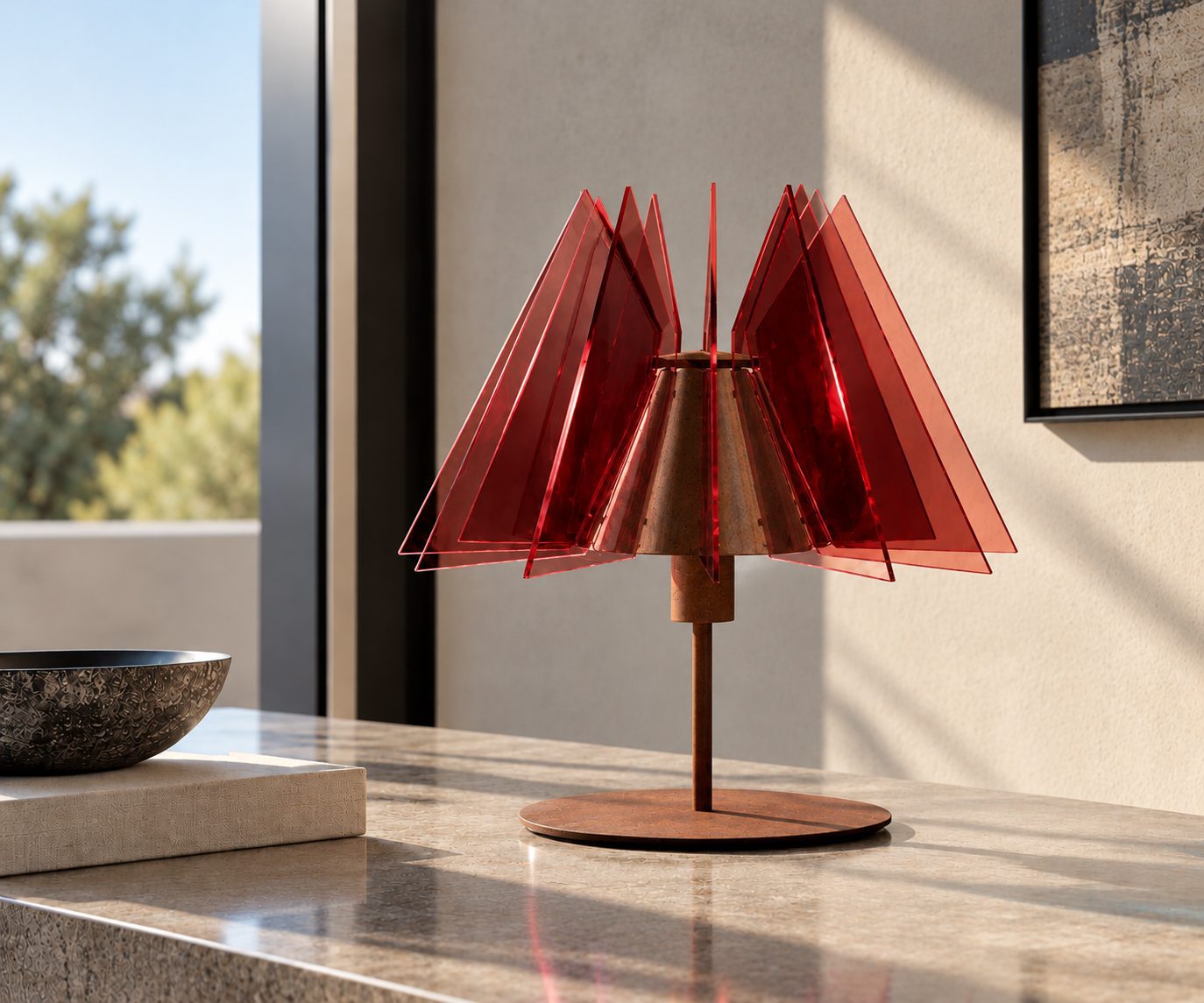 Lampada scultorea rossa su pietra