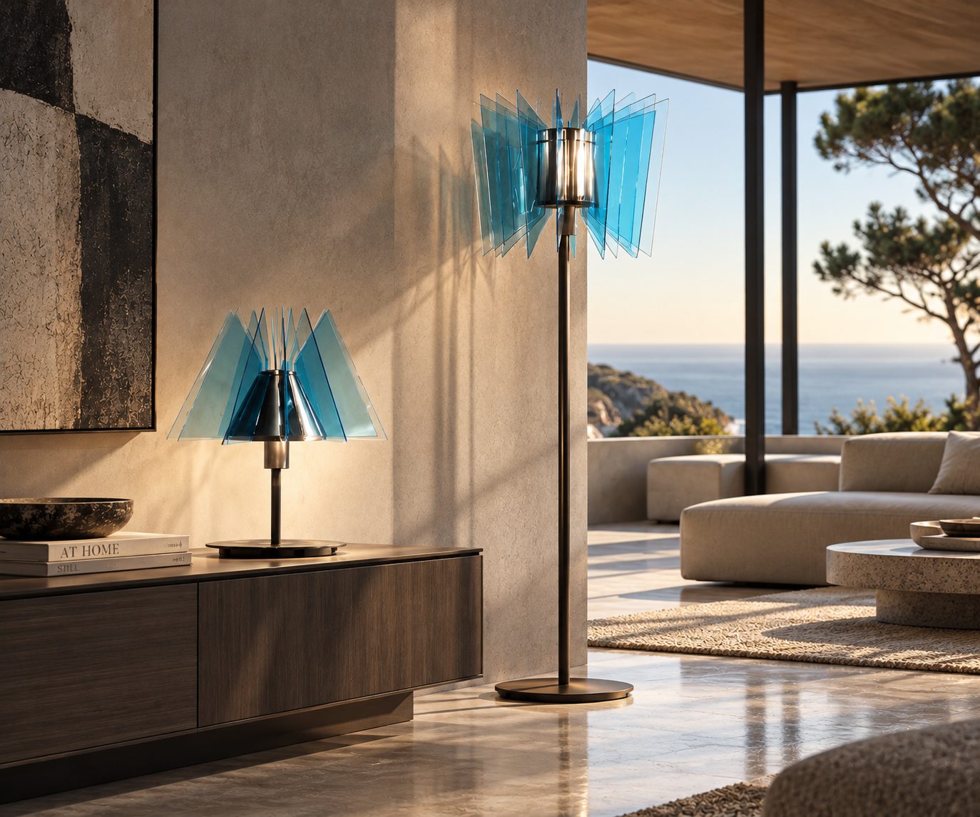 Salotto moderno con lampade blu e vista mare